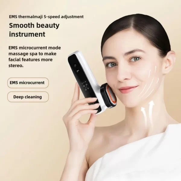 A woman using the KAKUSAN EMS Thermalmaji Beauty Instrument for a microcurrent massage, highlighting the EMS and deep cleaning features.