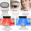 A collage showcasing the KAKUSAN device's features: pore cleansing, eye care, EMS lift, red light therapy, and blue light soothing