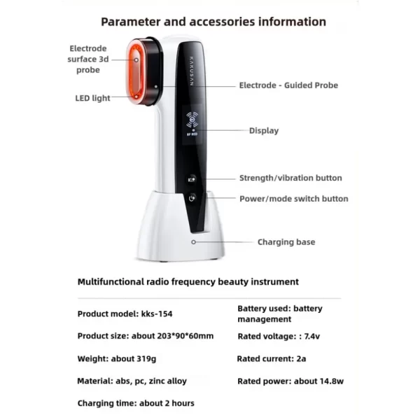 KAKUSAN Kks-154 Beauty Instrument with detailed features such as 3D electrode, guided probe, LED light, and user-friendly controls.