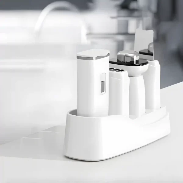 A set of white GlowEnvision multifunctional beauty devices arranged in a white holder.